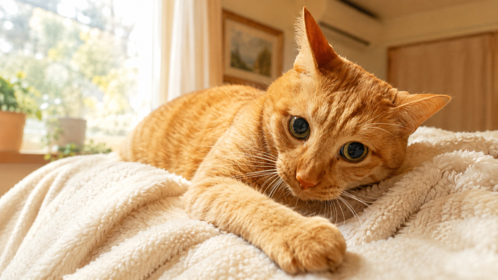 毛布の上でくつろぐ、幸せそうな茶トラ猫