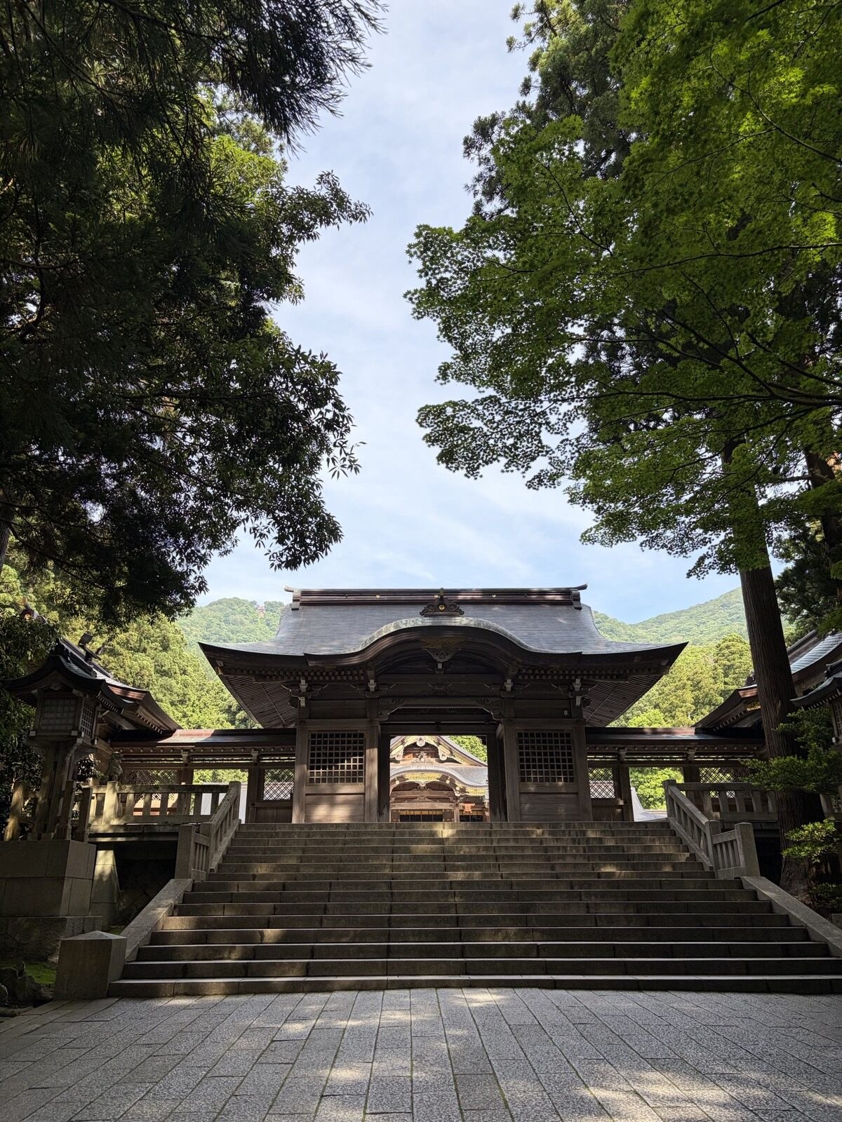 弥彦山を背に建つ弥彦神社の拝殿