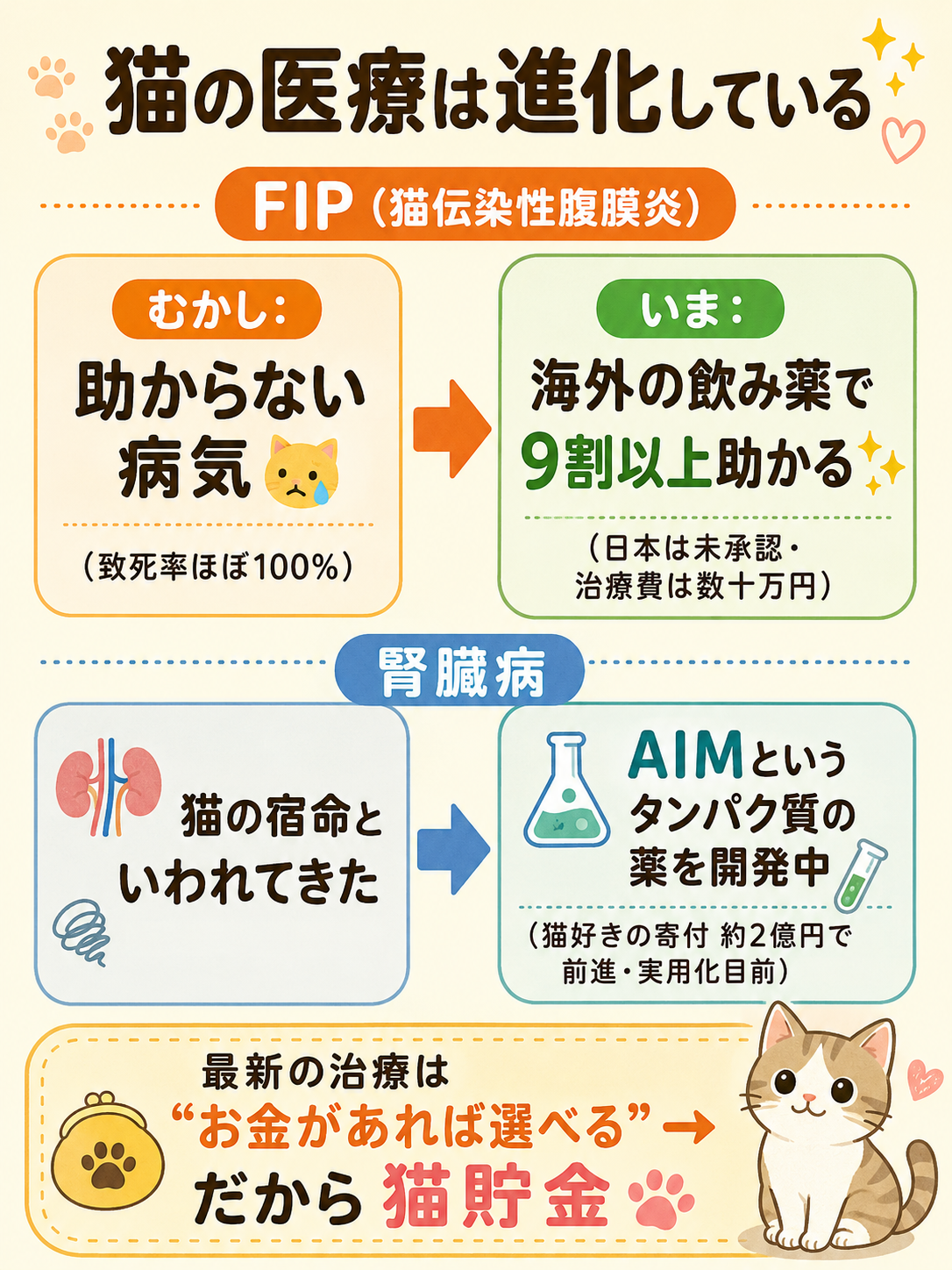 猫の医療の進化:FIPは海外の飲み薬で9割以上助かる病気に。腎臓病はAIMというタンパク質の薬を開発中、という図解