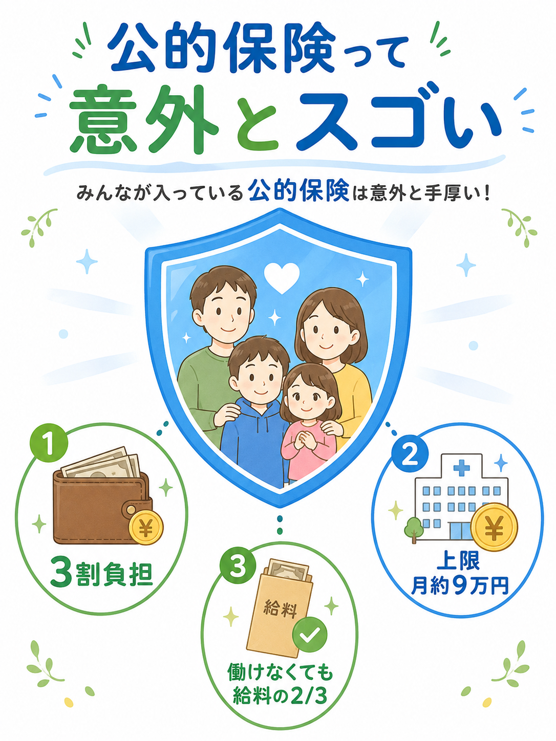 公的保険って意外とスゴい：3割負担・高額療養費で月約9万円・傷病手当金で給料の3分の2