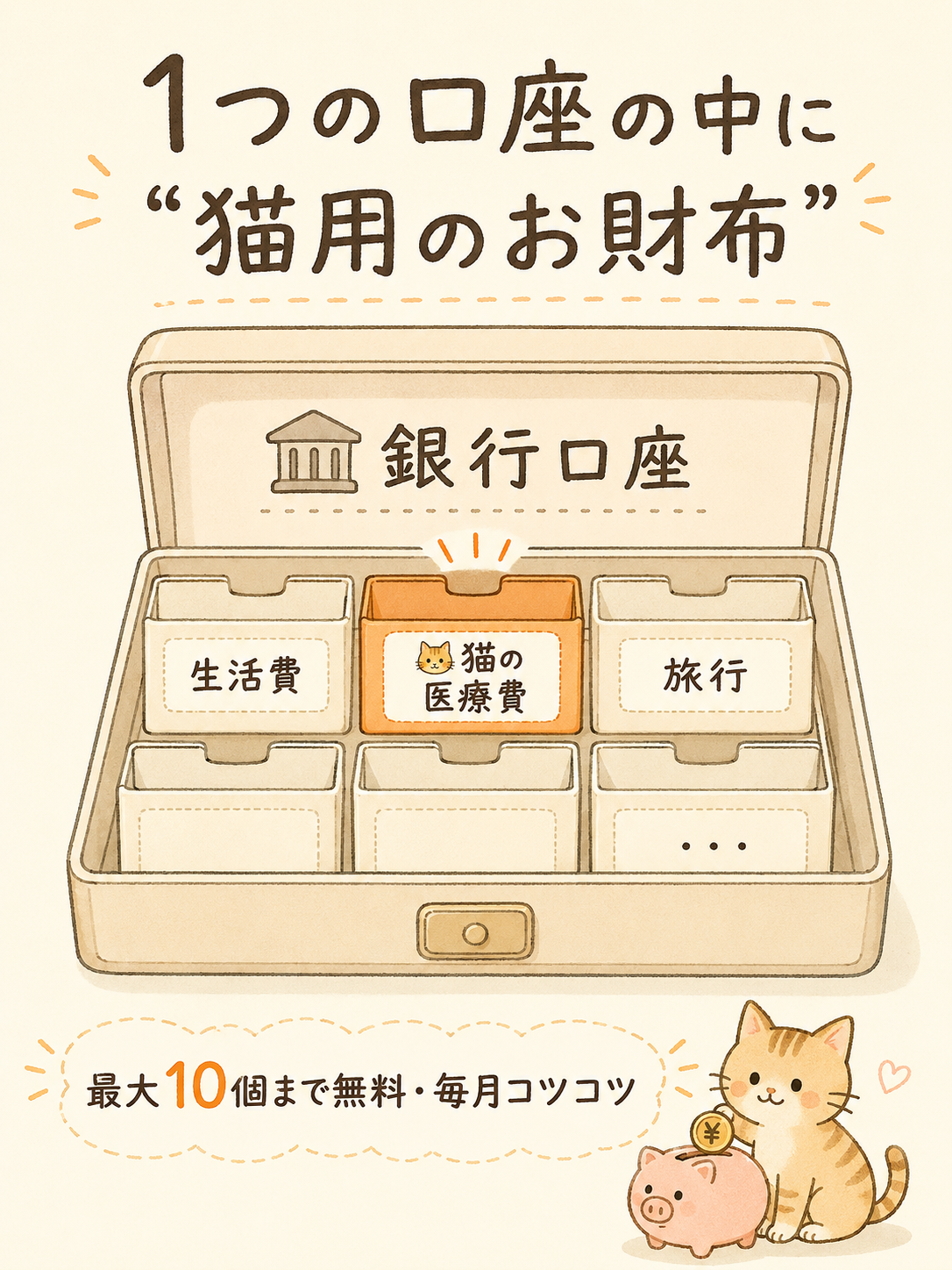 目的別口座で猫用のお財布を作る図解