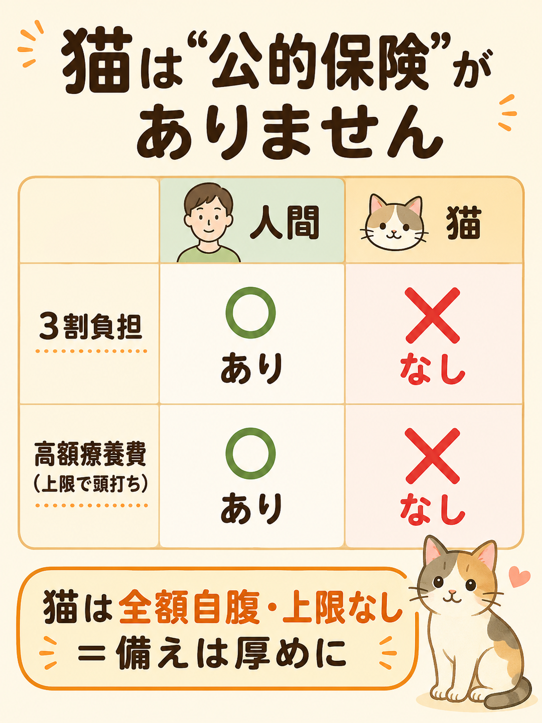 猫は公的保険がなく全額自腹・上限なし、という人間との比較図解