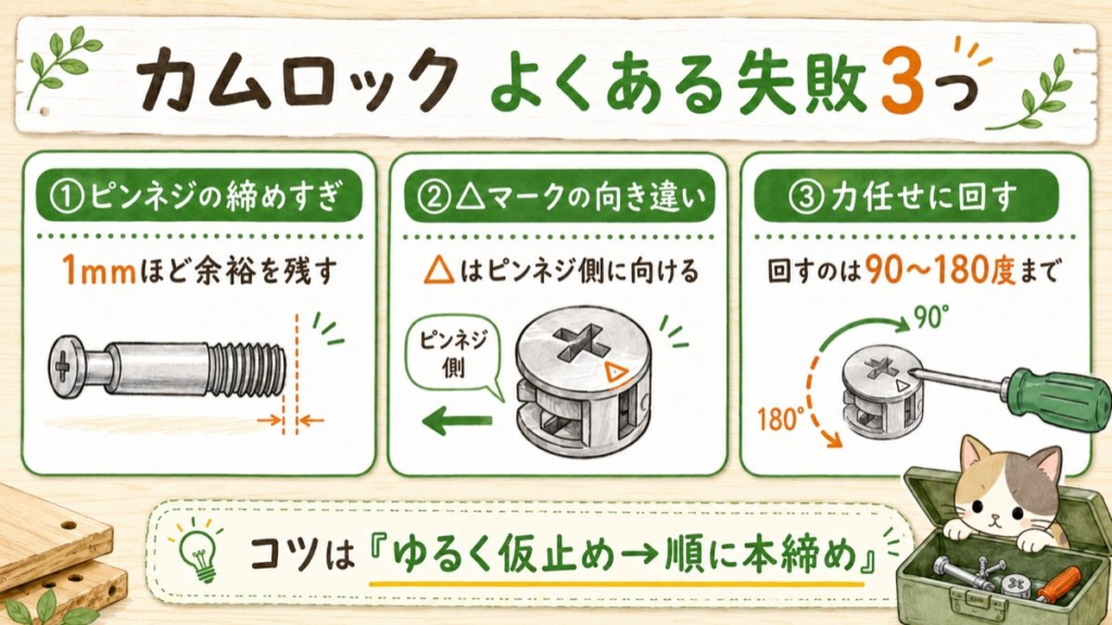 カムロックよくある失敗3つの図解:ピンネジの締めすぎ・△マークの向き違い・力任せに回す
