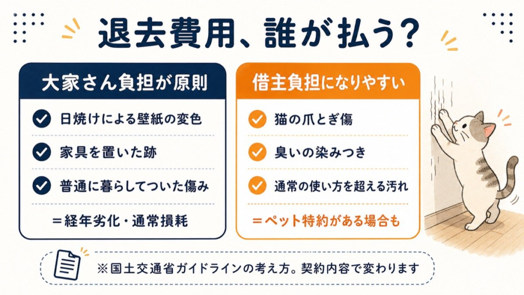 退去費用は誰が払う?大家さん負担と借主負担の比較図解