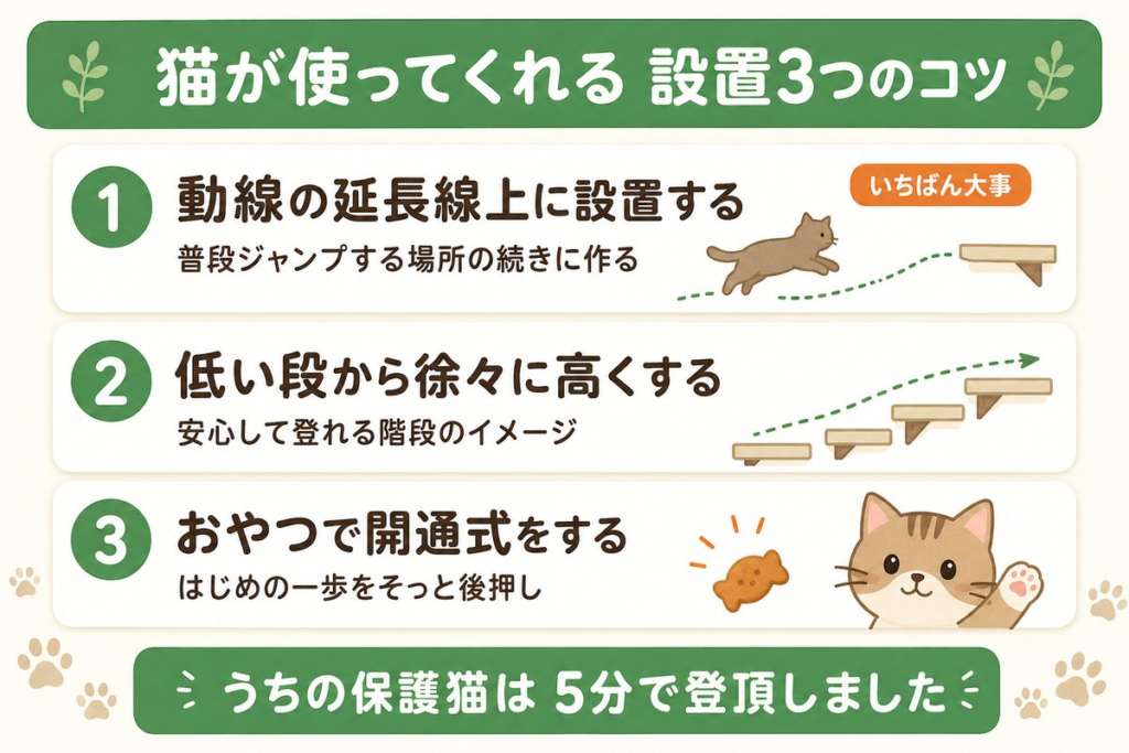 猫が使ってくれる設置3つのコツ図解(動線の延長線上・低い段から徐々に・おやつで開通式)