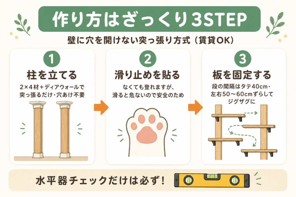キャットウォークの作り方ざっくり3STEP図解(柱を立てる・滑り止めを貼る=安全のため・板を固定する)