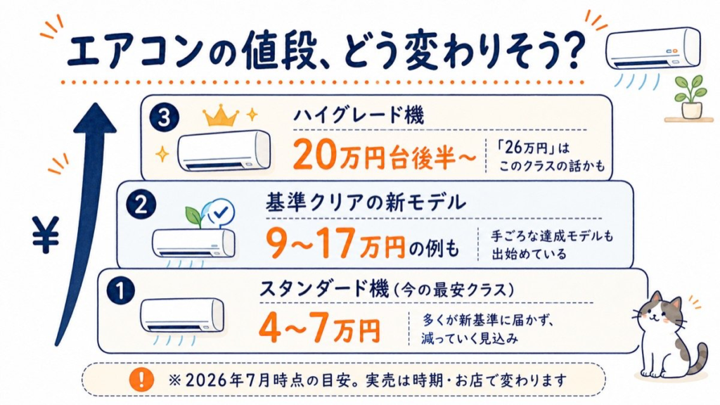 エアコンの値段はどう変わりそう？スタンダード機・基準クリアの新モデル・ハイグレード機の価格帯くらべ図解