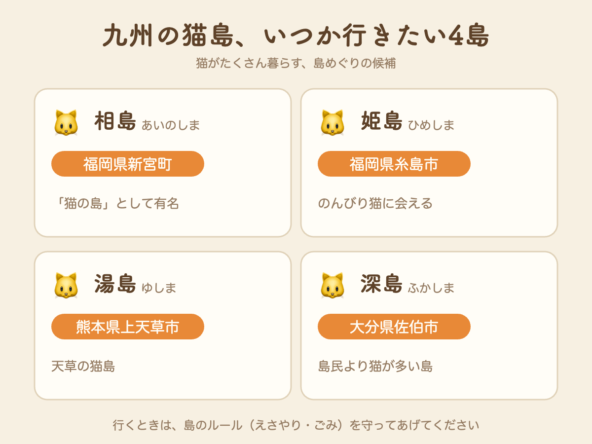 九州の猫島4島(相島・姫島・湯島・深島)の図解